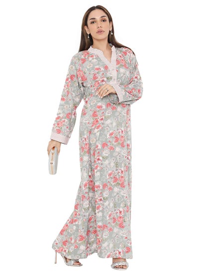 Buy LONG VISCOSE FLORAL PRINTED COLLAR ARABIC KAFTAN JALABIYA FARASHA DRESS in Saudi Arabia