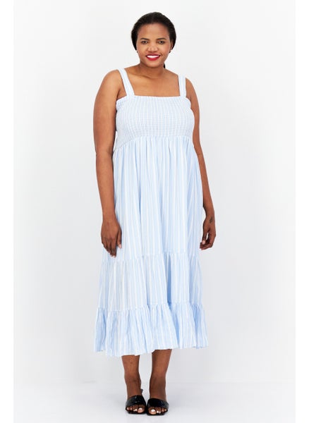 Buy Women Plus Size Strip Maxi Fit Flare Dress, Blue/White in UAE