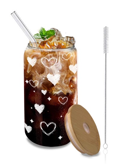 اشتري 1Pack Coffee Cups with Lids,16oz Glass Cups with Straws and Lids-Glass Coffee Cups,Drinking Beer Glasses with Bamboo Lids,Cute Glass Cups, Heart Shaped Glasses Cups في الامارات