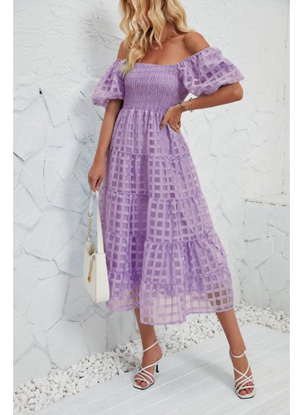 Buy Summer Maxi Dress Bubble Sleeve Tiered Beach A-Line for Women Light purple in Saudi Arabia