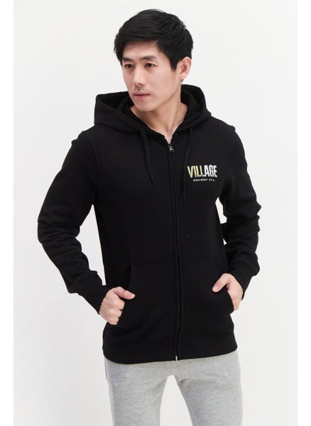 Buy Men Hood With Drawstring Printed Long Sleeve Fleece Sweatshirts, Black in UAE