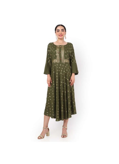 Buy GOLD PRINT FRONT STYLED BUTTONED SHORT STYLISH ARABIC KAFATAN JALABIYA DRESS in UAE