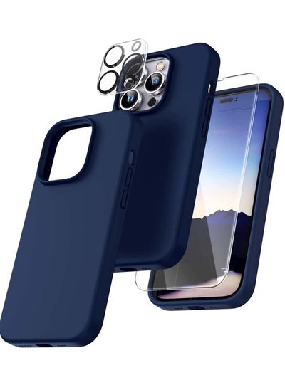 اشتري [5 in 1 for iPhone 14 Pro Max Case, 2 Screen Protector + 2 Camera Lens Protector, Slim Liquid Silicone Phone Case iPhone 14 Pro Max 6.7 Inch, [Anti-Scratch] [Drop Protection], Blue في الامارات