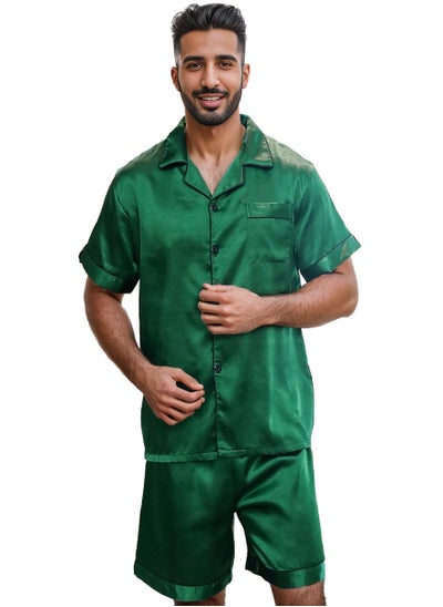 Buy Men's Classic Silk Satin Pajama Set Short Sleeve Sleepwear Button Loungewear with short Pants in Saudi Arabia