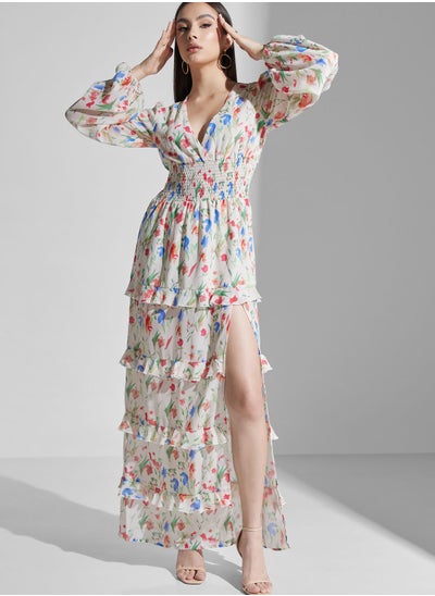 Buy Ruched Waist Ruffle Floral Dress in UAE