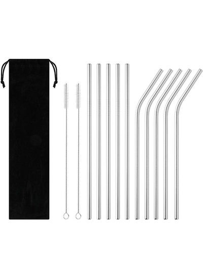 اشتري Reusable Metal Straw 10 PCS Portable Stainless Steel Drinking Straws 2 Cleaning Brush and Travel Case Included (Silver) في السعودية