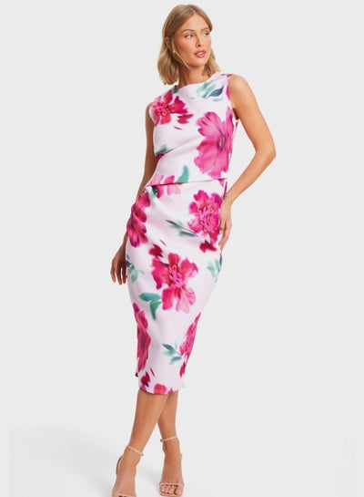 Buy Floral Print Waterfall Trim Dress in UAE
