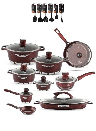 اشتري Cookware Set 23 pieces - Cooking Pot and Pan set Aluminum, Granite Non Stick Coating PFOA FREE include Casseroles, Fry Pan, Baby Set, Fish Pan, Sauce Pan, Kitchen Utensils (Red) في الامارات