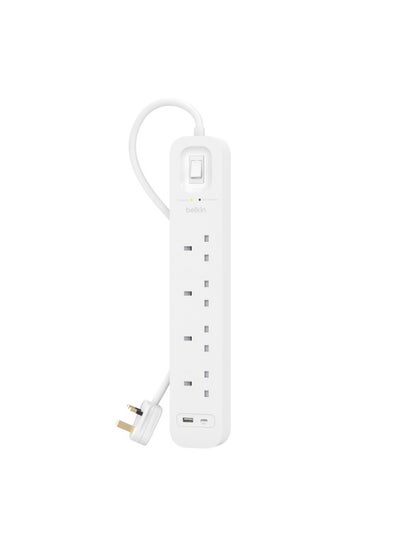 Buy 4-Outlet Surge Protector w/ Charging Ports 18W | 2meters Cable Length, 525 Joules Protection, PD Fast Charge 1x USB/C 1x USB-A, Heavy Duty Chord, w/ Switch & LED Indicator - UK 3-Pin in UAE