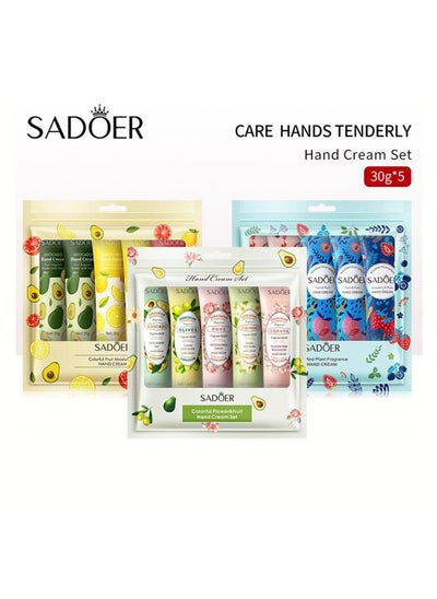 Buy Hand cream set consisting of 3 sachets of 5 pieces, with extracts of fruits, colorful flowers and plants, to moisturize hands, 450 grams in Saudi Arabia