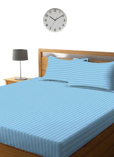 Buy Sky Blue Striped Sheets Set Deep Pockets Machine Washable Soft Cotton180x200+25cm in UAE