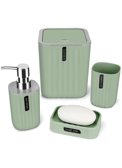 Buy Bathroom Accessories Set 4 Piece Bath Ensemble Includes Trash Can, Soap Dispenser, Toothbrush Holder, Toothbrush Cup for Decorative Countertop and Housewarming Gift, Green in UAE