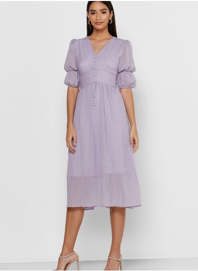 Buy Puffed Sleeve Button Front Midi Dress in UAE