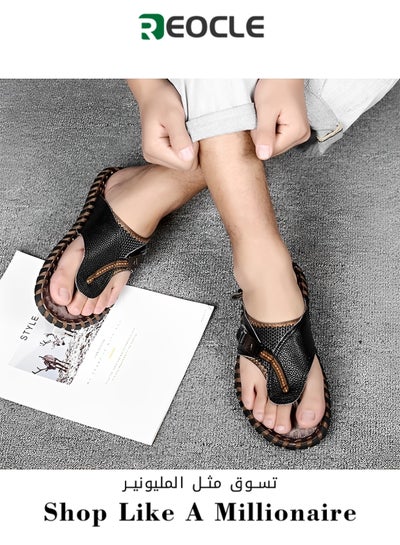 Buy Men's Leather Flip Flops Arch Support Lightweight Summer Beach Sandals Soft and Non Slip in UAE