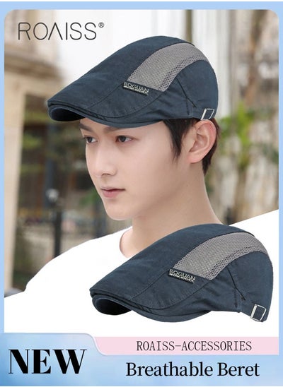 Buy Adjustable Newsboy Cap for Men Vintage Beret Flat Cap Breathable Mesh Hat Mens Summer Cotton Hat Golf Fishing Hat (Navy Blue, One Size) in Saudi Arabia