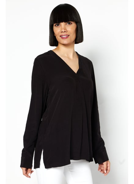 اشتري Women V Neck Long Sleeve Plain Top, Black في الامارات