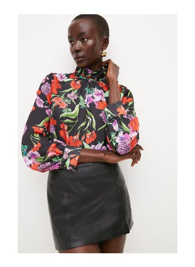 Buy High Neck Pintuck Floral Woven Blouse in UAE