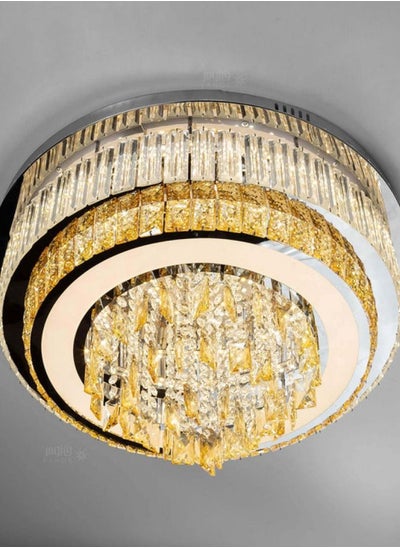 Buy Ceiling chandelier with a round shape, a large luxurious crystal chandelier with a distinctive silver base, triple illumination and wireless remote control, suitable for salons and salons in Saudi Arabia