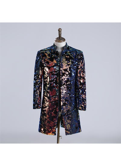 اشتري Mens Three-Dimensional Flower Blue Purple Velvet Sequins Casual Suit Coat DJ Singer Shiny Coat Prom Costume Colorful في السعودية