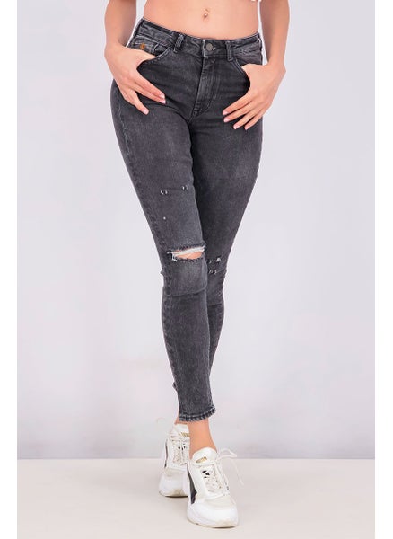 Buy Women Skinny Fit High Waisted Rip Jeans, Black in Saudi Arabia