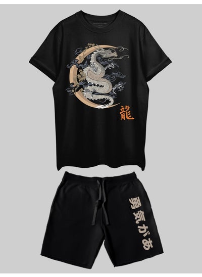 Buy THREADCURRY Golden Dragon Printed Co-ord Set for Men - Half Sleeve Oversized T-Shirt and Shorts in UAE