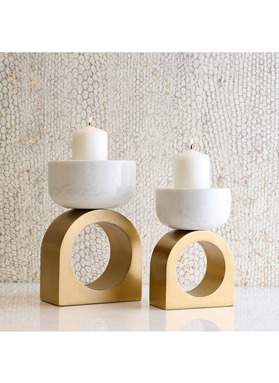 Buy Jazz, Candle Holder With White Natural Marble With Stainless Steel In Gold Electroplated in UAE