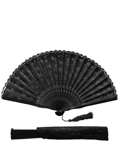 اشتري Hand Fan, Chinese Fan,Silk Fabric Bamboo Ribs Handheld Folding Wall Decoration Wedding Party, Fan with Frame, Lace for Women Girls Gifts (Black) في الامارات