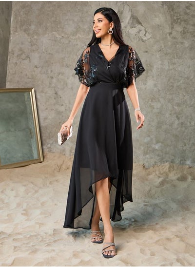 Buy Sequin Detail Mesh Sleeves Asymmetric Hem A-Line Maxi Dress in Saudi Arabia