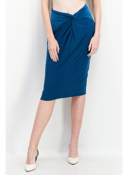 اشتري Women Solid Draped Knot Detail Midi Skirt, Teal في الامارات