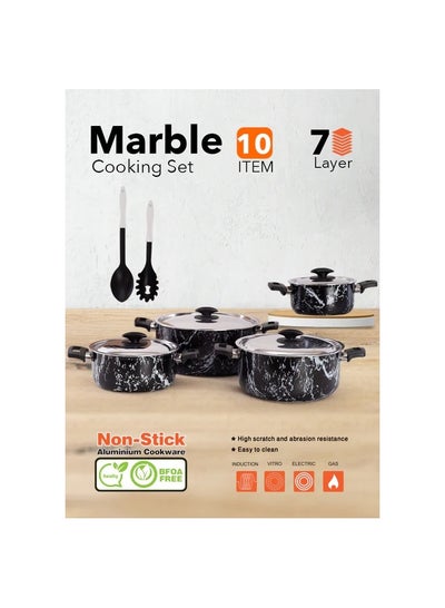 Buy Marble Set of 10 Piece Pot 16-18-22-26 cm and 2 Kitchen Tools Black 6221999606521 in Egypt