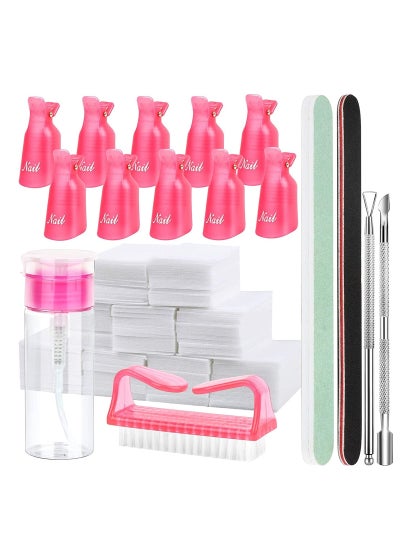 Buy Nail Polish Gel Remover Tools Kit with Clips, 100ml Bottle, 500 Cotton Pad, Brush, Cuticle Pusher, Peeler, 100/180 File, Buffer Block in Saudi Arabia