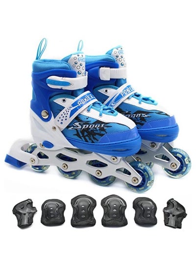 Buy Inline Skates Adjustable Size Roller Skates with Flashing Wheels Children Skate Shoes Including Protective Gear Knee Elbow Wrist Blue Colour in UAE