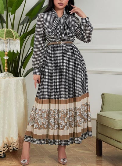 Buy Fordeal Black and White Houndstooth Paneled Chiffon Belt Flowy Dress in Saudi Arabia