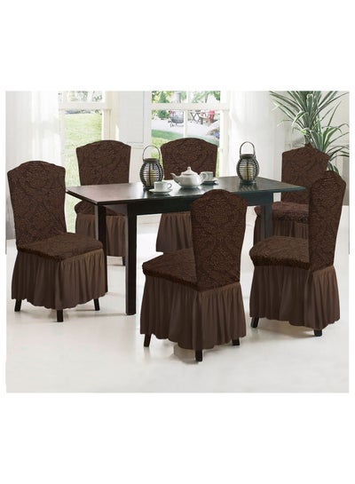 Buy 6-Piece Woven Jacquard Stretch Fit Dining Chair Covers Set Chocolate Brown in UAE