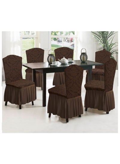 Buy 6-Piece Woven Jacquard Stretch Fit Dining Chair Covers Set Chocolate Brown in UAE