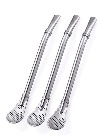 Buy 3-Piece Stainless Steel Drinking Spoon Straws 304 Reusable Silver Bombillas Yerba Mate Straw in UAE