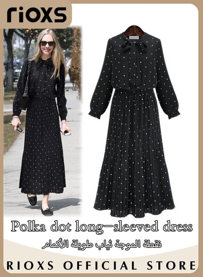 Buy Women's Polka Dot Long Sleeve Maxi Dresses Elastic High Waist Ruffle A-Line Long Dress With Bowknot in UAE