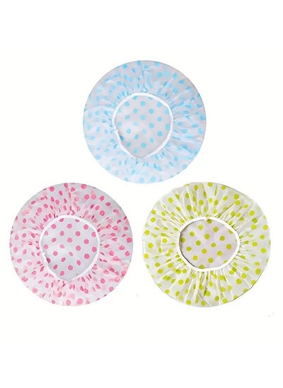 Buy 3pcs Adorable Polka Dot Printed Shower Caps, Waterproof Bath Caps Plastic Reusable Shower Caps Elastic Band Bath Hair Hat For Women Ladies Spa Salon in UAE