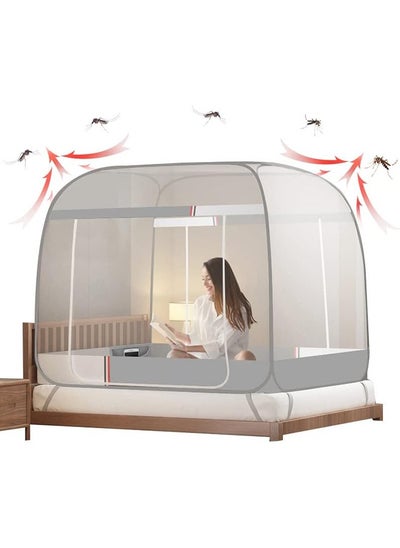 Buy Pop up Mosquito Net Foldable Mosquito Bed Cover with Frame Square 360º Polyester Coated Home Netting Canopy, Double 1.8M Bed Tent Mesh with 2 Entries Phone Charing Pocket for Adults Baby Room (Grey) in Saudi Arabia