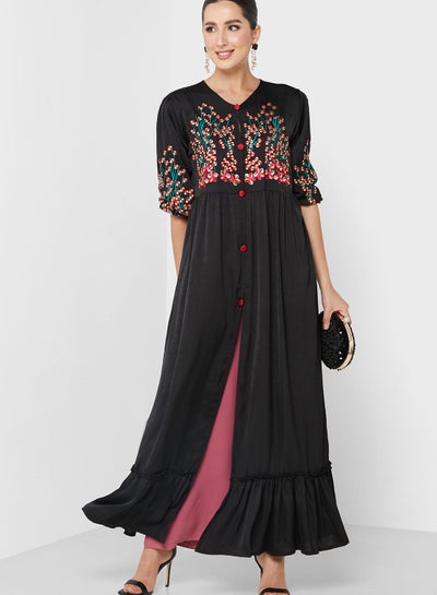 Buy Button Detail Balloon Sleeve Embroidered Dress in Saudi Arabia