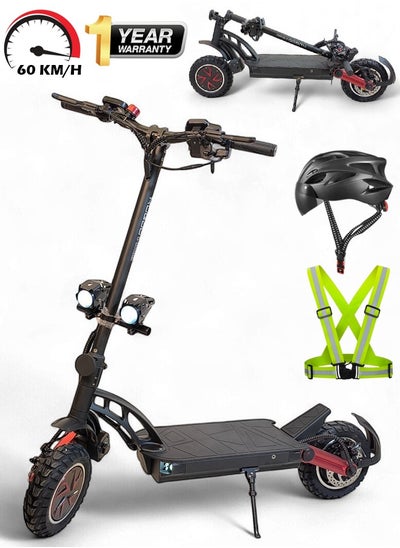 Buy Electric Folding Scooter with 2400W Dual Motor, 48V 20.8Ah Battery, 60KM/h Max Speed, 70KM Range, Remote Start and Lock System, Dual Bright Headlights and 150KG Load Capacity with Helmet and Safety Vest in UAE