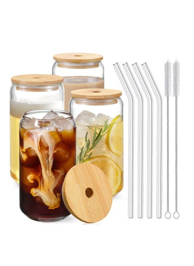 Buy Set of 4 Drinking Glasses with Bamboo Lids and Glass Straws, 16 oz Jar Glasses, 2 Cleaning Brushes in UAE