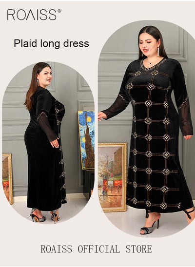 Buy Women's Dresses Women's Long Bell Sleeve Dresses Women's Rhinestone Plaid Long Dress in Saudi Arabia