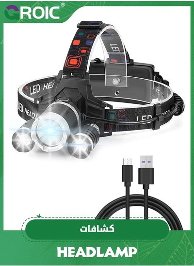 Buy Rechargeable Headlamp, 10000 High Lumen Head Lamp, Super Bright LED Head Light Camping Accessories with Red Light, 4 Modes USB Recharge Flashlight, Waterproof Headlight Camping Gear in UAE