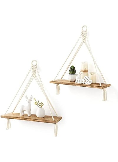 Buy Set of 2 Macrame Hanging Shelves - Rustic Wood Floating Storage for Bedroom, Bathroom, Living Room, Nursery, Dorm - Boho Wall Decor - Display Shelving for Plants, Photos in UAE