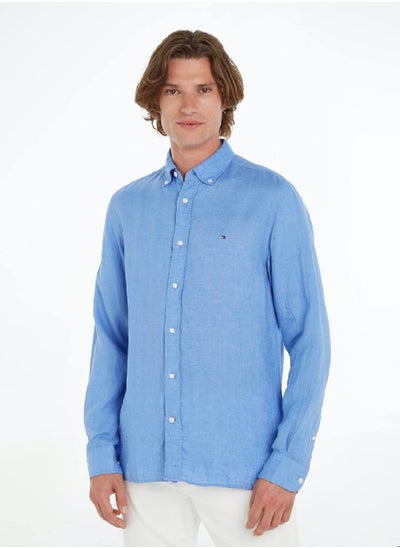 Buy Men's Pigment Dyed Linen Regular Fit Shirt -  Pure linen, Blue in UAE