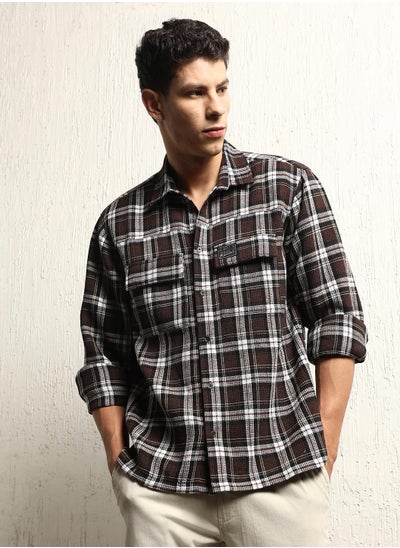 Buy Oversized Check Pattern Cotton Blended Spread Collar Button Closure Waffle Full Sleeve Shirt for Men in UAE