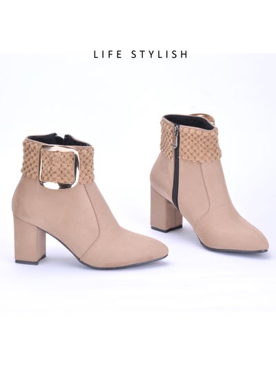 Buy R-7 An Elegant Suede Heeled Boot By Buckle Strap - Coffee in Egypt
