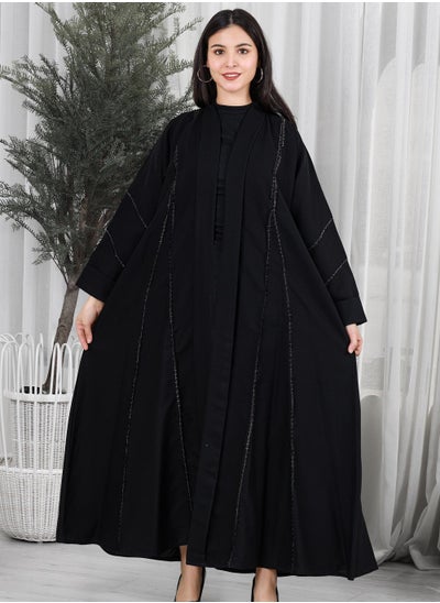 Buy Black Linen Abaya With Pleats In The Sleeves  and front With Oriental Golden  Embroidery golden in Saudi Arabia