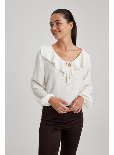 Buy Woman Regular Fit Frill Neck Long Sleeve Woven Long Sleeve Blouse in Egypt